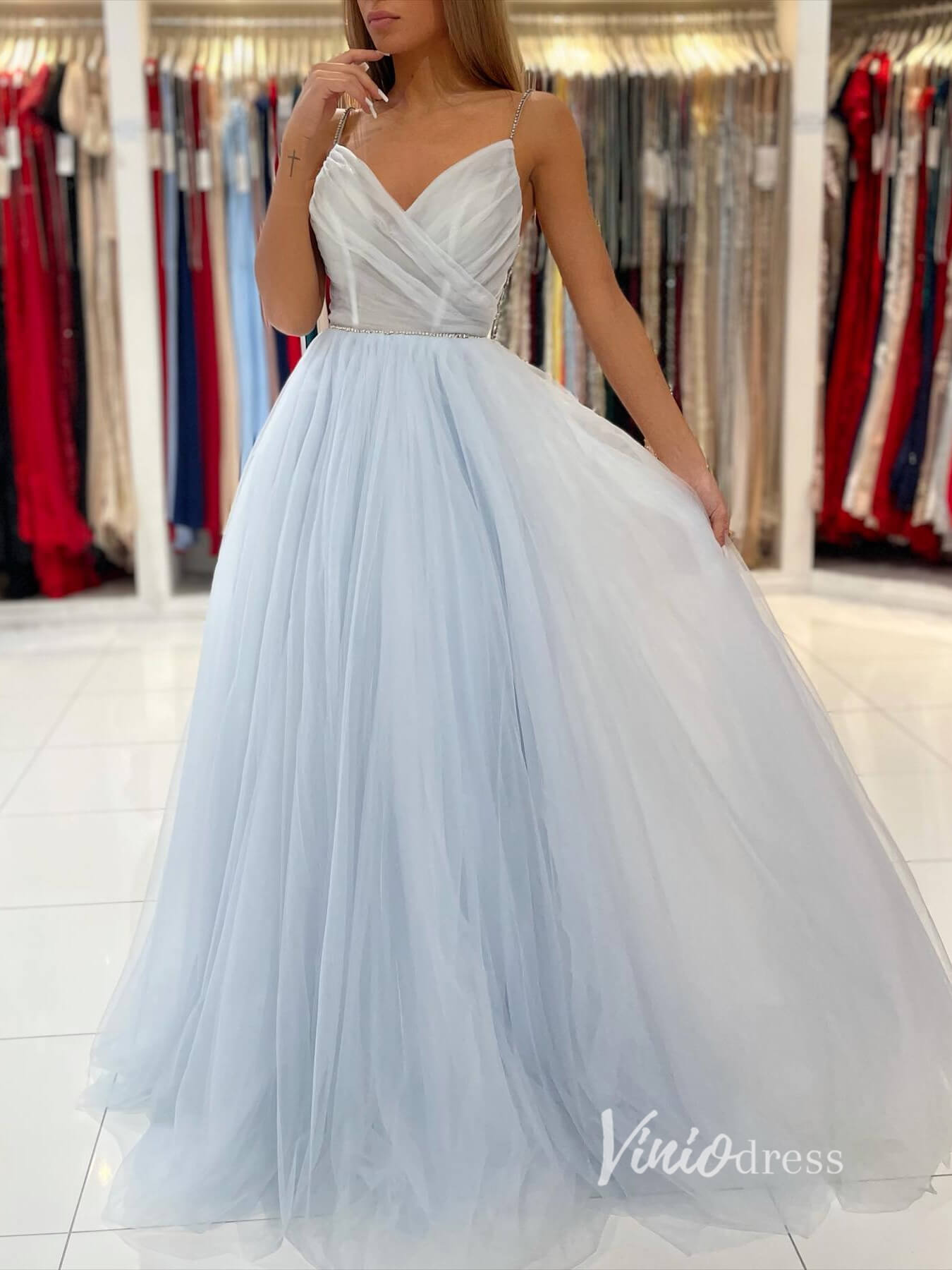 Light Blue Tulle Prom Dresses Spaghetti Strap Evening Dress FD2913-prom dresses 2025 -Viniodress-Light Blue-Custom Size-