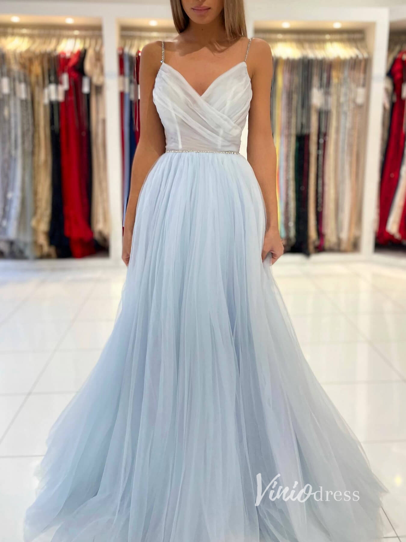 Light Blue Tulle Prom Dresses Spaghetti Strap Evening Dress FD2913-prom dresses 2025 -Viniodress-Light Blue-Custom Size-