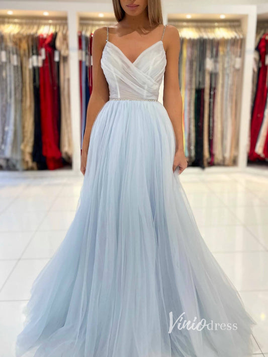 Light Blue Tulle Prom Dresses Spaghetti Strap Evening Dress FD2913-prom dresses 2025 -Viniodress-Light Blue-Custom Size-