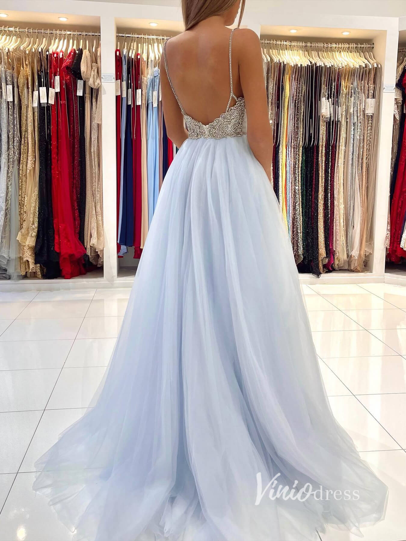 Prom Dress 2025 Light Blue Tulle Prom Dresses Spaghetti Strap Evening Dress FD2913-unique prom dresses-Light Blue-Custom Size-Viniodress