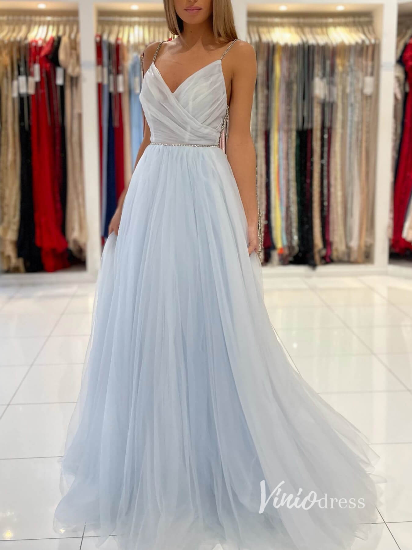 Prom Dress 2025 Light Blue Tulle Prom Dresses Spaghetti Strap Evening Dress FD2913-unique prom dresses-Light Blue-Custom Size-Viniodress