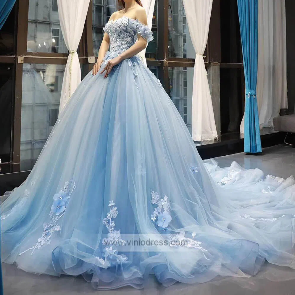 Prom Dress 2025 Light Blue Tulle Quince Dresses 3D Flower Off the Shoulder Cinderella Ball Gown 66706-unique Quinceanera Dresses-Light Blue-Custom Size-Viniodress