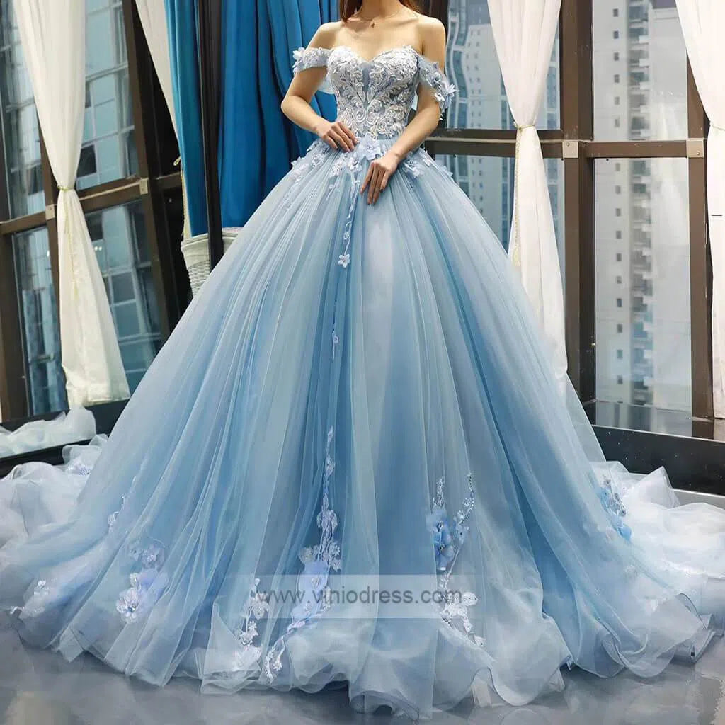 Prom Dress 2025 Light Blue Tulle Quince Dresses 3D Flower Off the Shoulder Cinderella Ball Gown 66706-unique Quinceanera Dresses-Light Blue-Custom Size-Viniodress