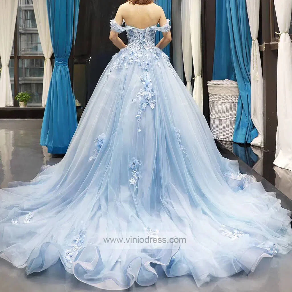 Prom Dress 2025 Light Blue Tulle Quince Dresses 3D Flower Off the Shoulder Cinderella Ball Gown 66706-unique Quinceanera Dresses-Light Blue-Custom Size-Viniodress