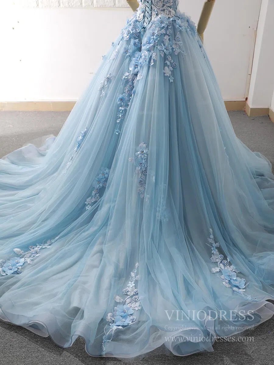 Prom Dress 2025 Light Blue Tulle Quince Dresses 3D Flower Off the Shoulder Cinderella Ball Gown 66706-unique Quinceanera Dresses-Light Blue-Custom Size-Viniodress