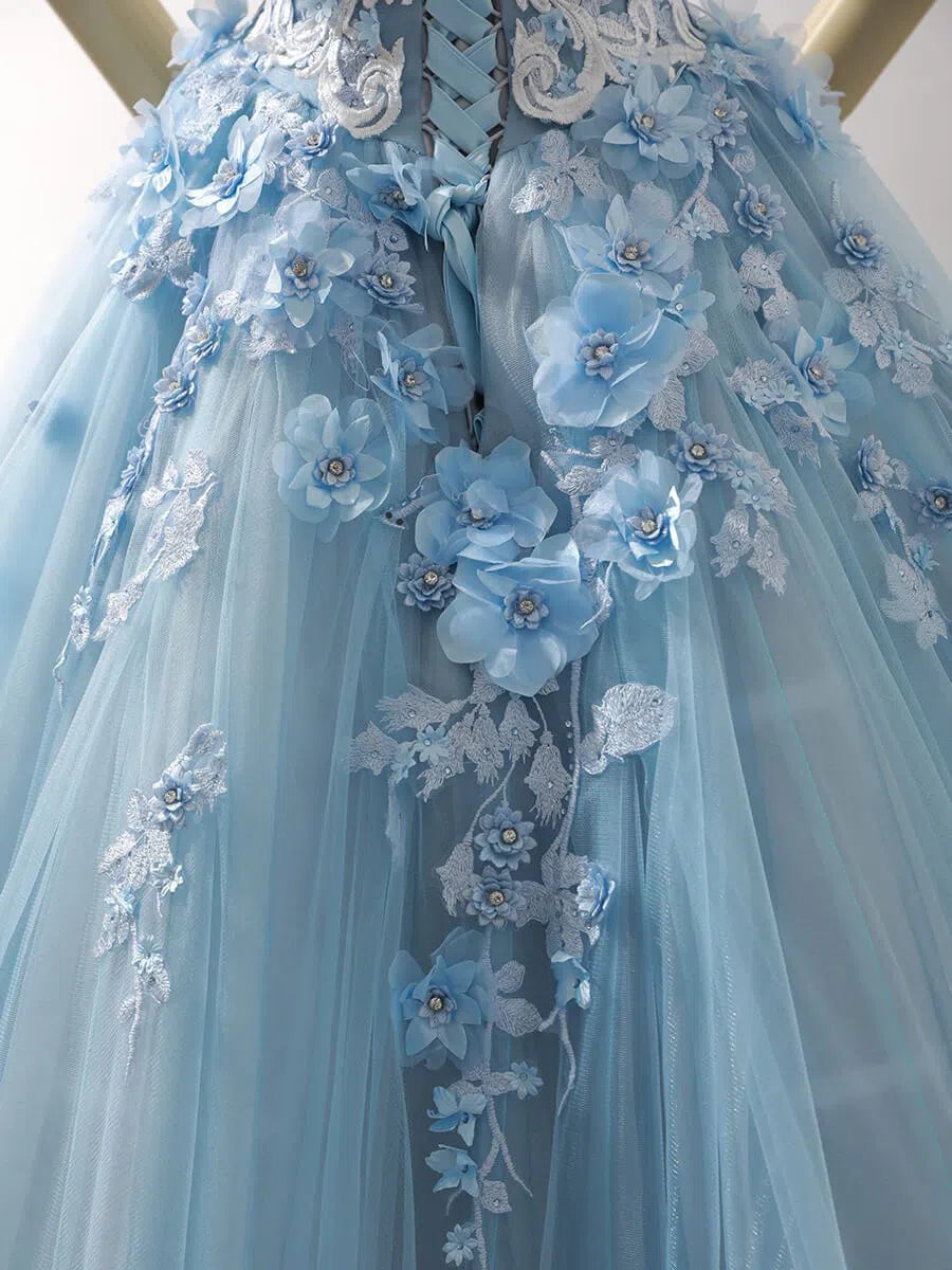 Prom Dress 2025 Light Blue Tulle Quince Dresses 3D Flower Off the Shoulder Cinderella Ball Gown 66706-unique Quinceanera Dresses-Light Blue-Custom Size-Viniodress