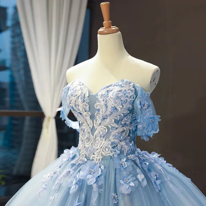 Prom Dress 2025 Light Blue Tulle Quince Dresses 3D Flower Off the Shoulder Cinderella Ball Gown 66706-unique Quinceanera Dresses-Light Blue-Custom Size-Viniodress