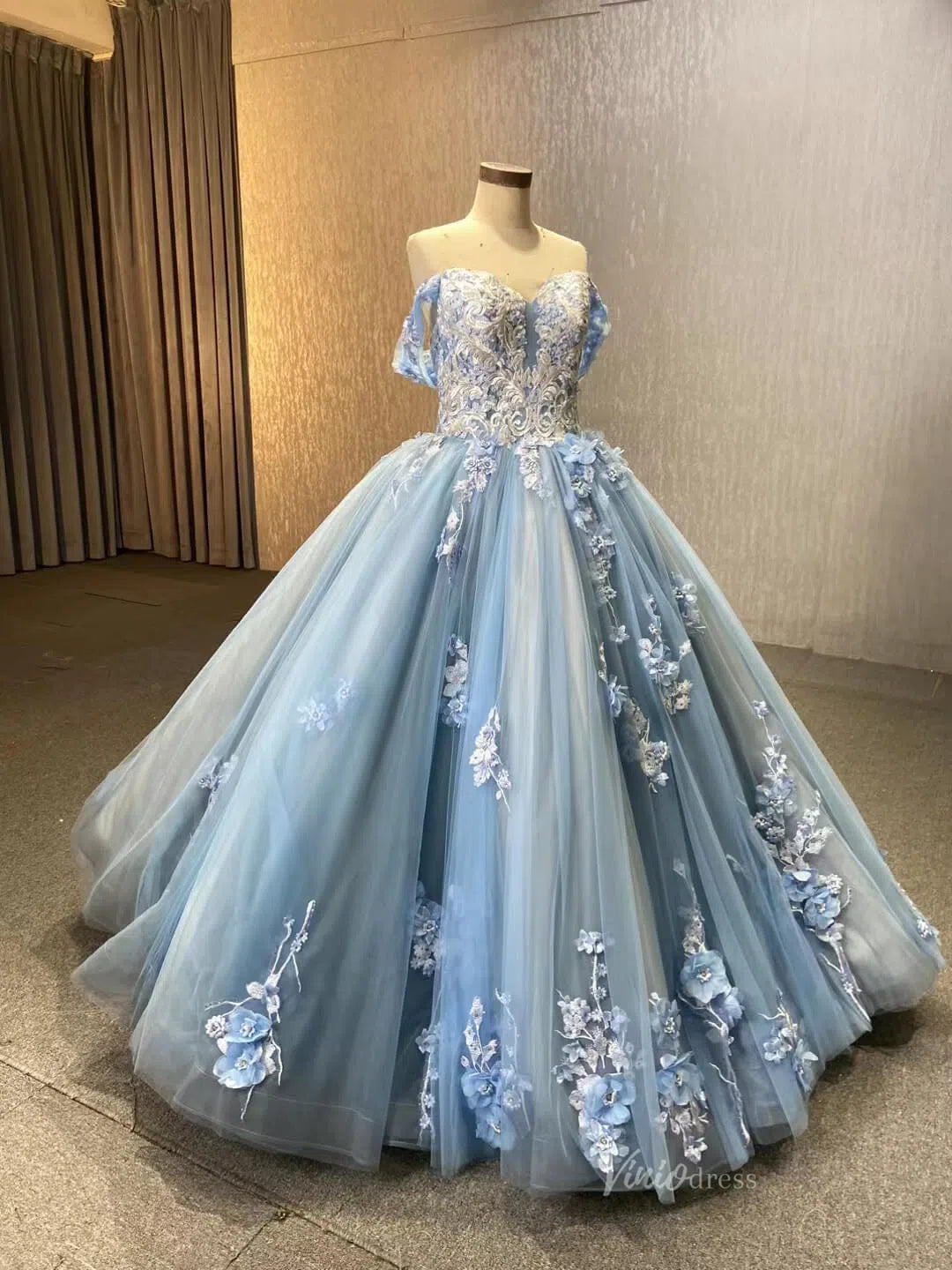 Prom Dress 2025 Light Blue Tulle Quince Dresses 3D Flower Off the Shoulder Cinderella Ball Gown 66706-unique Quinceanera Dresses-Light Blue-Custom Size-Viniodress