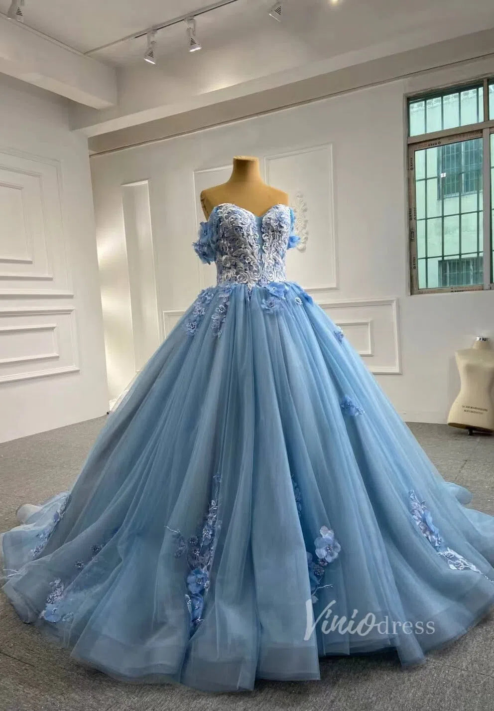 Prom Dress 2025 Light Blue Tulle Quince Dresses 3D Flower Off the Shoulder Cinderella Ball Gown 66706-unique Quinceanera Dresses-Light Blue-Custom Size-Viniodress