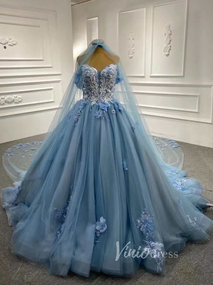 Prom Dress 2025 Light Blue Tulle Quince Dresses 3D Flower Off the Shoulder Cinderella Ball Gown 66706-unique Quinceanera Dresses-Light Blue-Custom Size-Viniodress