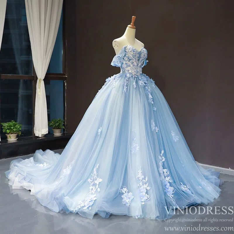 Prom Dress 2025 Light Blue Tulle Quince Dresses 3D Flower Off the Shoulder Cinderella Ball Gown 66706-unique Quinceanera Dresses-Light Blue-Custom Size-Viniodress