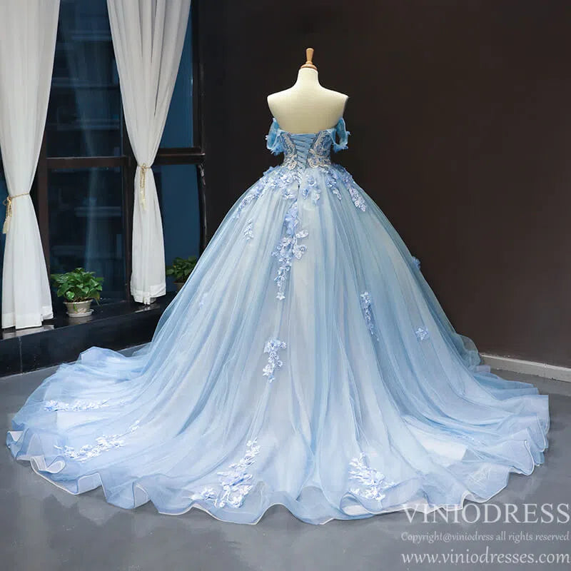 Prom Dress 2025 Light Blue Tulle Quince Dresses 3D Flower Off the Shoulder Cinderella Ball Gown 66706-unique Quinceanera Dresses-Light Blue-Custom Size-Viniodress