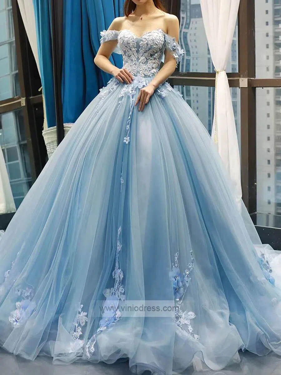 Prom Dress 2025 Light Blue Tulle Quince Dresses 3D Flower Off the Shoulder Cinderella Ball Gown 66706-unique Quinceanera Dresses-Light Blue-Custom Size-Viniodress