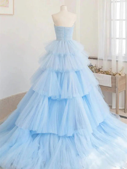 Light Blue Tulle Tiered Prom Dresses Strapless Pleated Formal Dresses - FD3706-prom dresses 2025 -Viniodress-Blue-Custom Size-