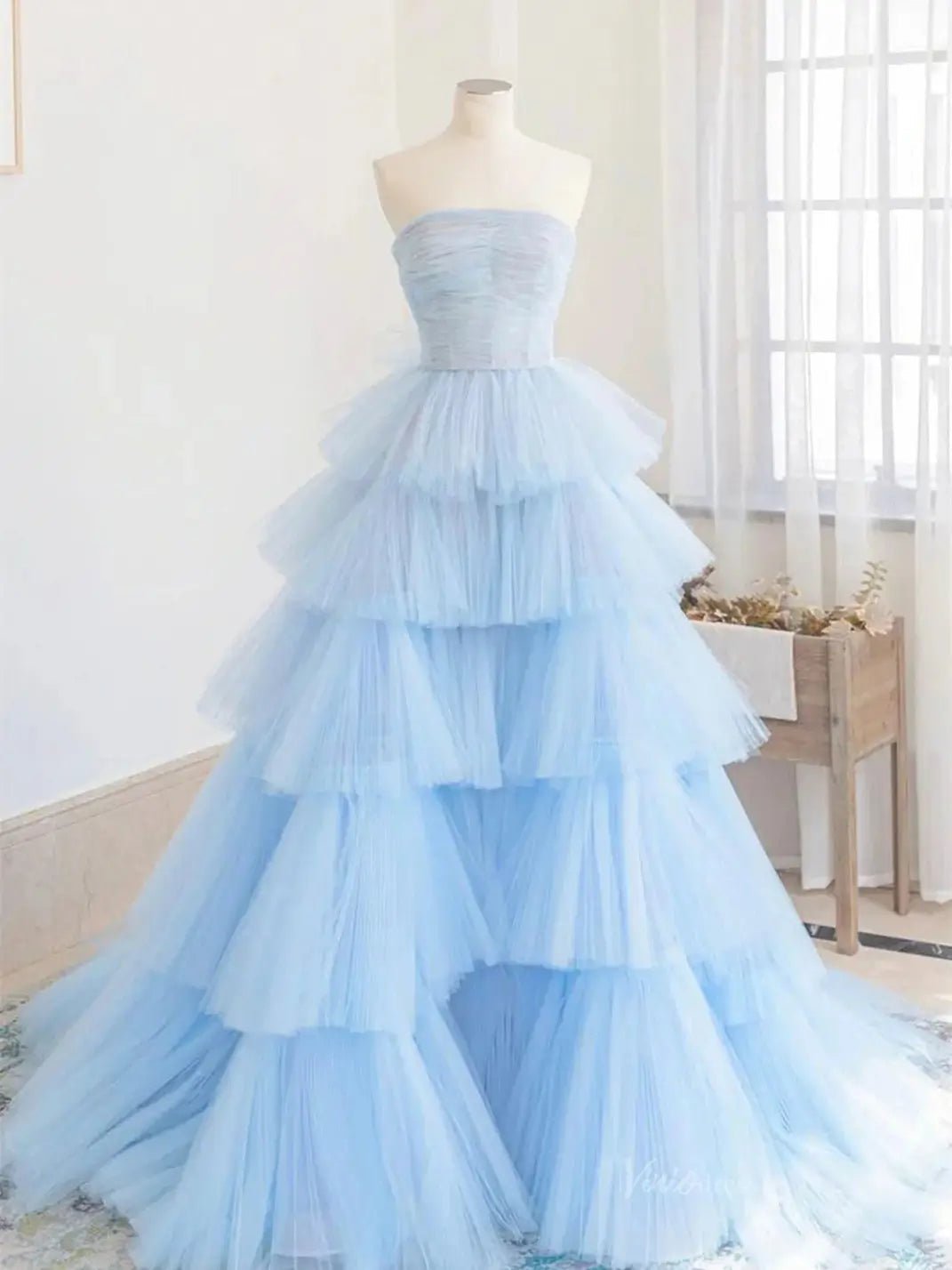 Light Blue Tulle Tiered Prom Dresses Strapless Pleated Formal Dresses - FD3706-prom dresses 2025 -Viniodress-Blue-Custom Size-