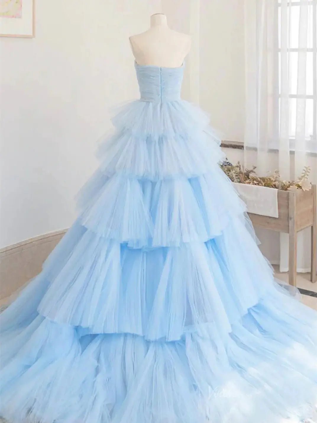 Light Blue Tulle Tiered Prom Dresses Strapless Pleated Formal Dresses - FD3706-prom dresses 2025 -Viniodress-Blue-Custom Size-