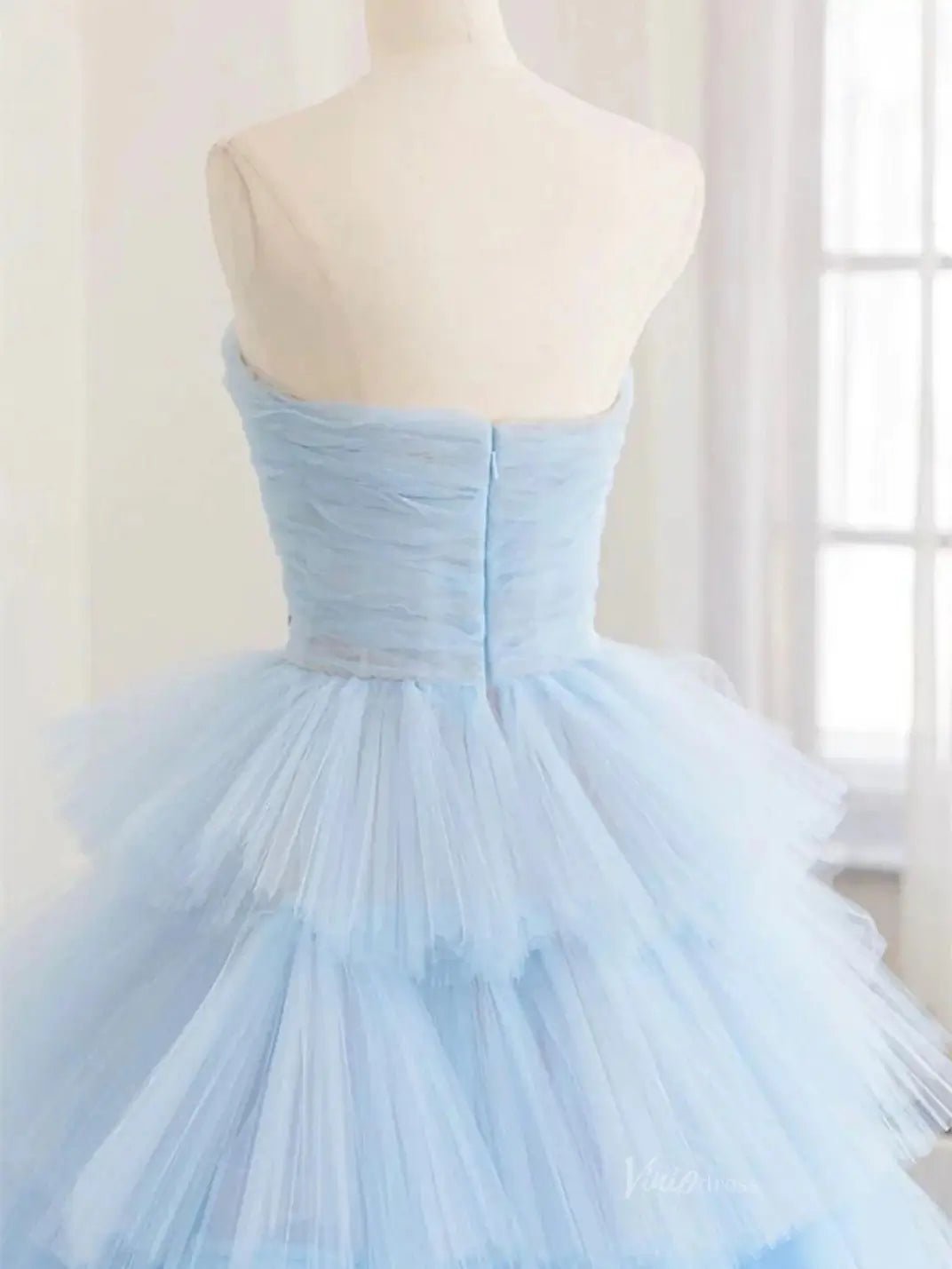 Light Blue Tulle Tiered Prom Dresses Strapless Pleated Formal Dresses - FD3706-prom dresses 2025 -Viniodress-Blue-Custom Size-