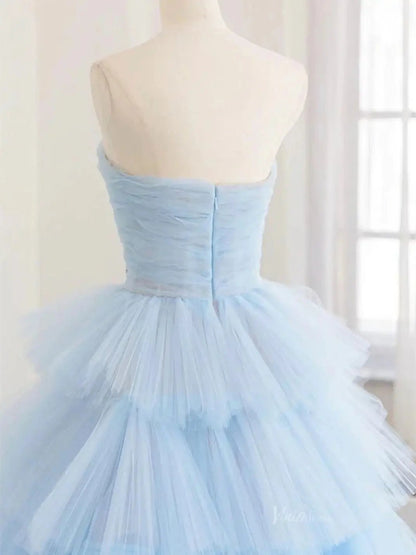 Light Blue Tulle Tiered Prom Dresses Strapless Pleated Formal Dresses - FD3706-prom dresses 2025 -Viniodress-Blue-Custom Size-