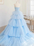 prom dresses 2025 Light Blue Tulle Tiered Prom Dresses Strapless Pleated Formal Dresses - FD3706-plus size wedding dresses Viniodress-Blue-Custom Size-