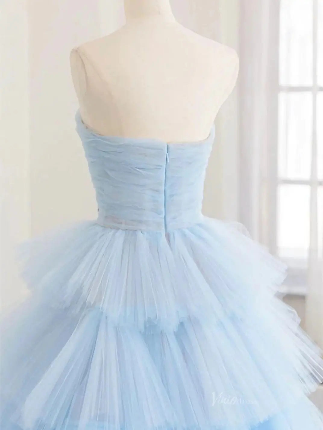 prom dresses 2025 Light Blue Tulle Tiered Prom Dresses Strapless Pleated Formal Dresses - FD3706-plus size wedding dresses Viniodress-Blue-Custom Size-