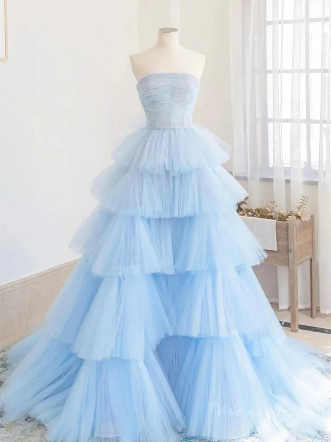 prom dresses 2025 Light Blue Tulle Tiered Prom Dresses Strapless Pleated Formal Dresses - FD3706-plus size wedding dresses Viniodress-Blue-Custom Size-