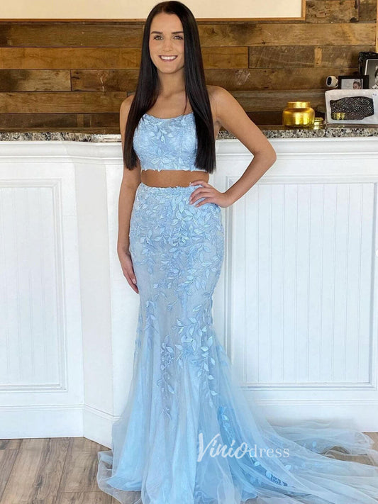 Light Blue Two Piece Mermaid Prom Dresses Lace Applique Evening Dress FD3085-prom dresses 2025 -Viniodress-Light Blue-Custom Size-