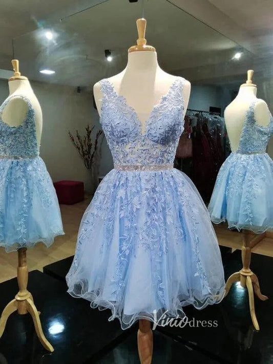 Light Blue V-neck Lace Homecoming Dresses SD1135-Homecoming Dresses 2025 -Viniodress-Light Blue-Custom Size-