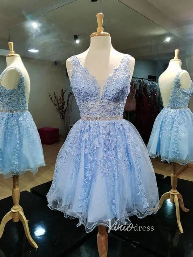 Light Blue V-neck Lace Homecoming Dresses SD1135-Homecoming Dresses 2025 -Viniodress-Light Blue-Custom Size-