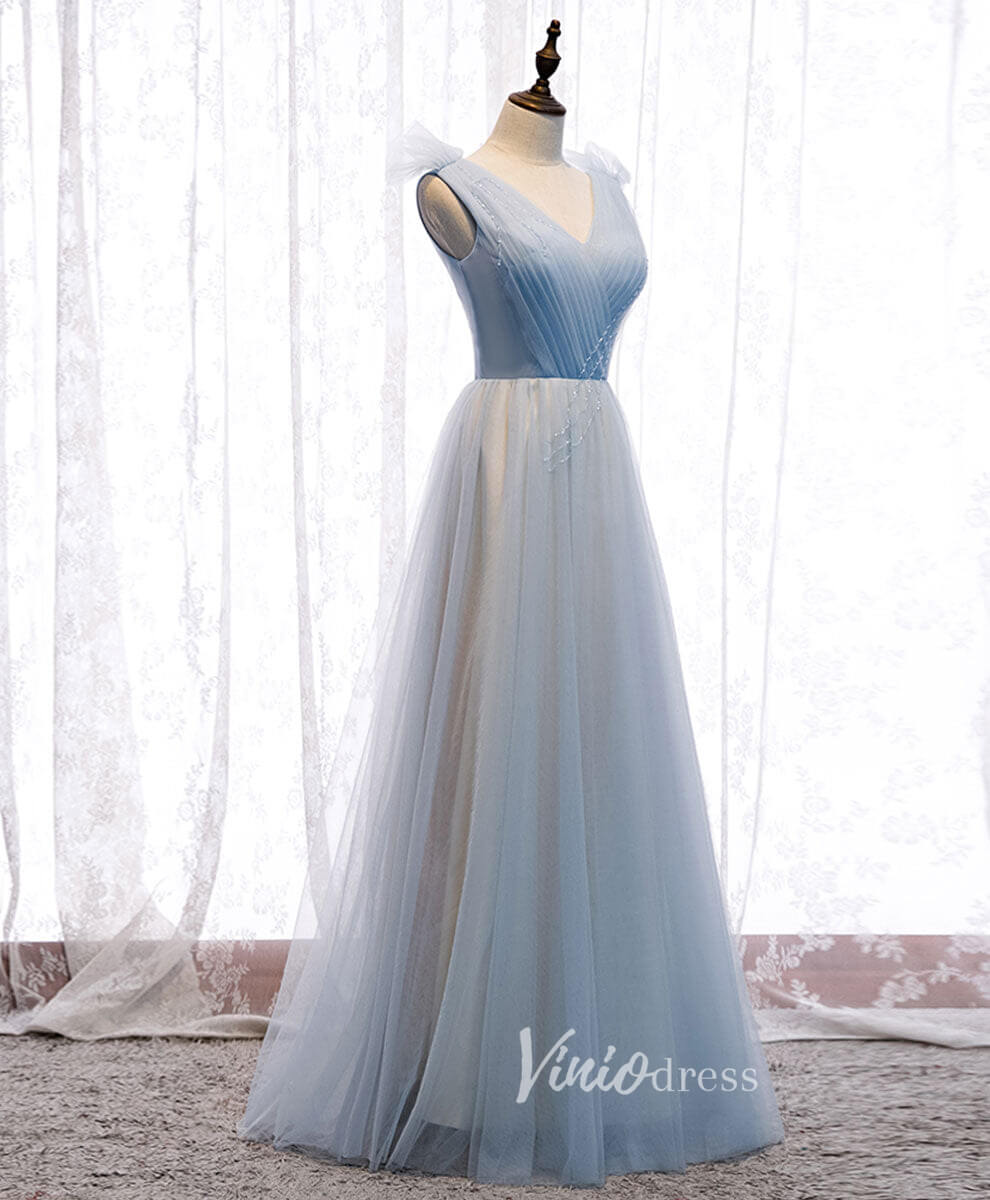 Light Blue V-Neck Prom Dresses A-Line Pleated Evening Dress FD3162-prom dresses 2025 -Viniodress-Light Blue-Custom Size-