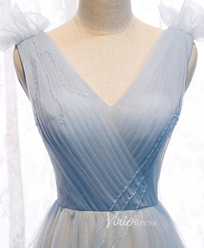 Light Blue V-Neck Prom Dresses A-Line Pleated Evening Dress FD3162-prom dresses 2025 -Viniodress-Light Blue-Custom Size-