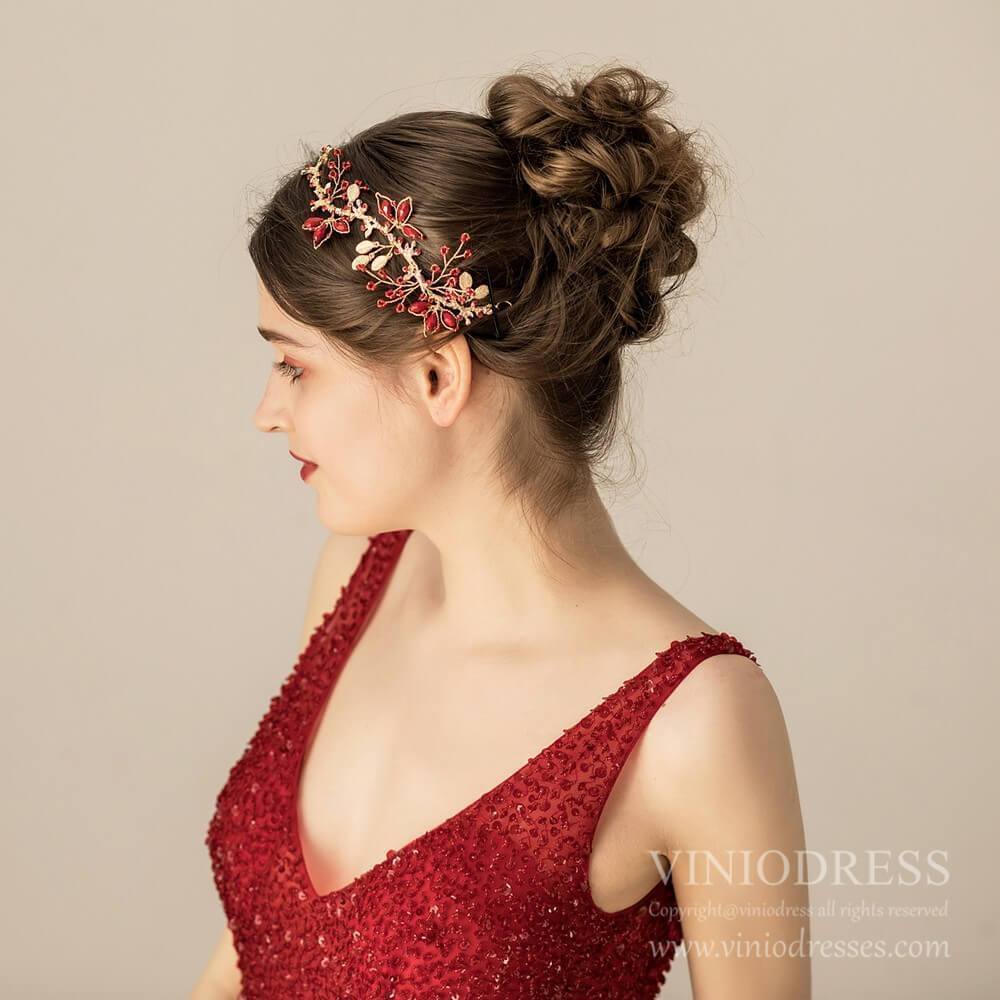 Light Gold and Burgundy Headpiece AC1221-Headpieces 2025 -Viniodress-Headband-