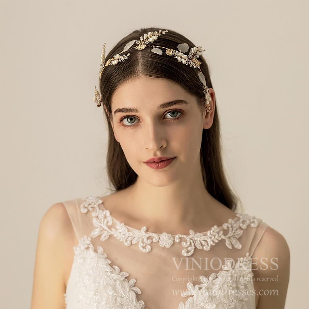 Light Gold Crystal and Pearl Headband with Leaf AC1199-Headpieces 2025 -Viniodress-Headband-