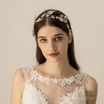 Light Gold Crystal and Pearl Headband with Leaf AC1199-Headpieces 2025 -Viniodress-Headband-