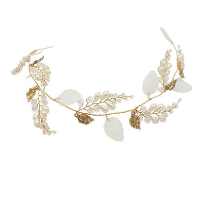Light Gold Crystal and Pearl Headband with Leaf AC1199-Headpieces 2025 -Viniodress-Headband-