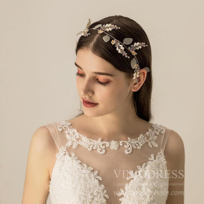 Light Gold Crystal and Pearl Headband with Leaf AC1199-Headpieces 2025 -Viniodress-Headband-