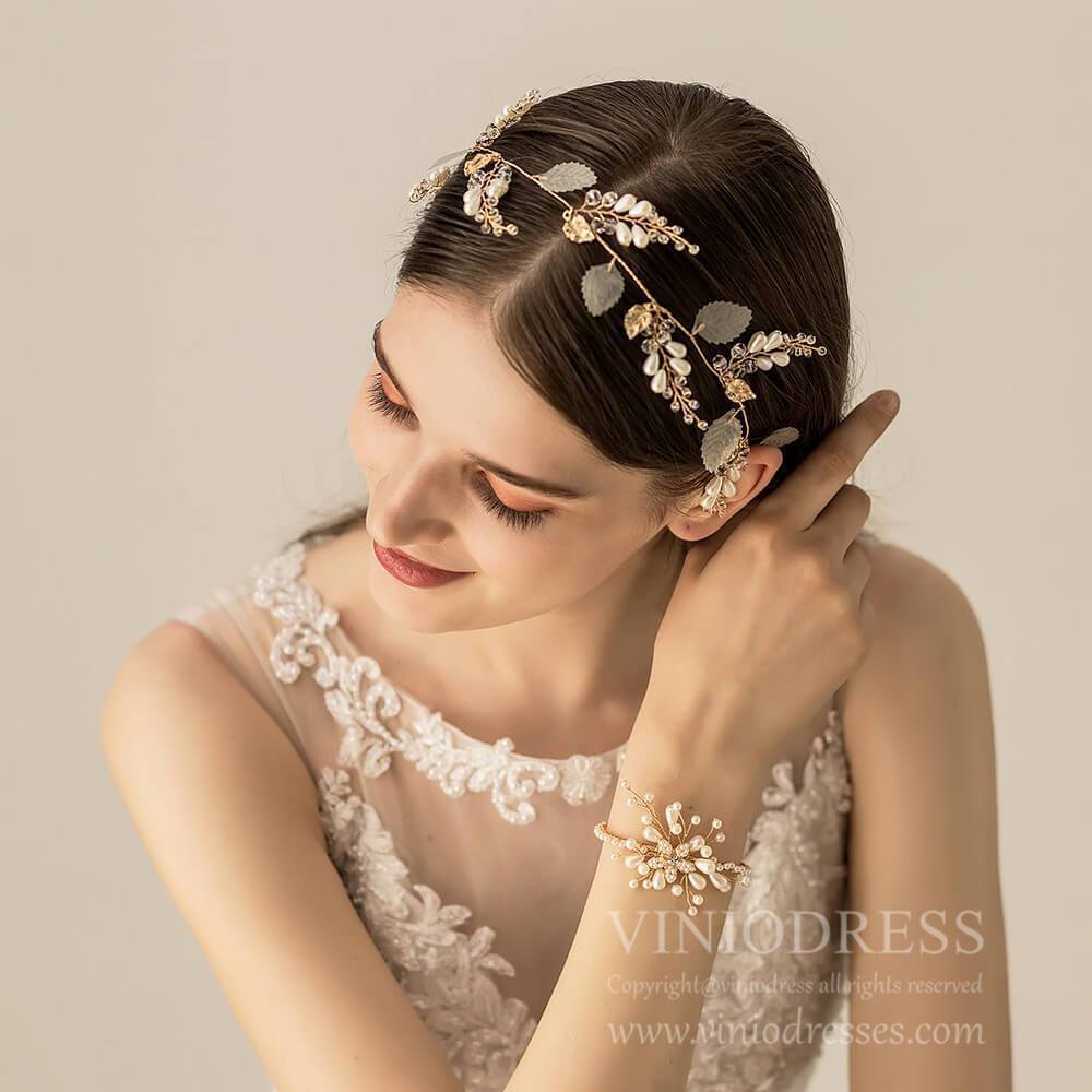 Light Gold Crystal and Pearl Headband with Leaf AC1199-Headpieces-Viniodress-Headband-Viniodress