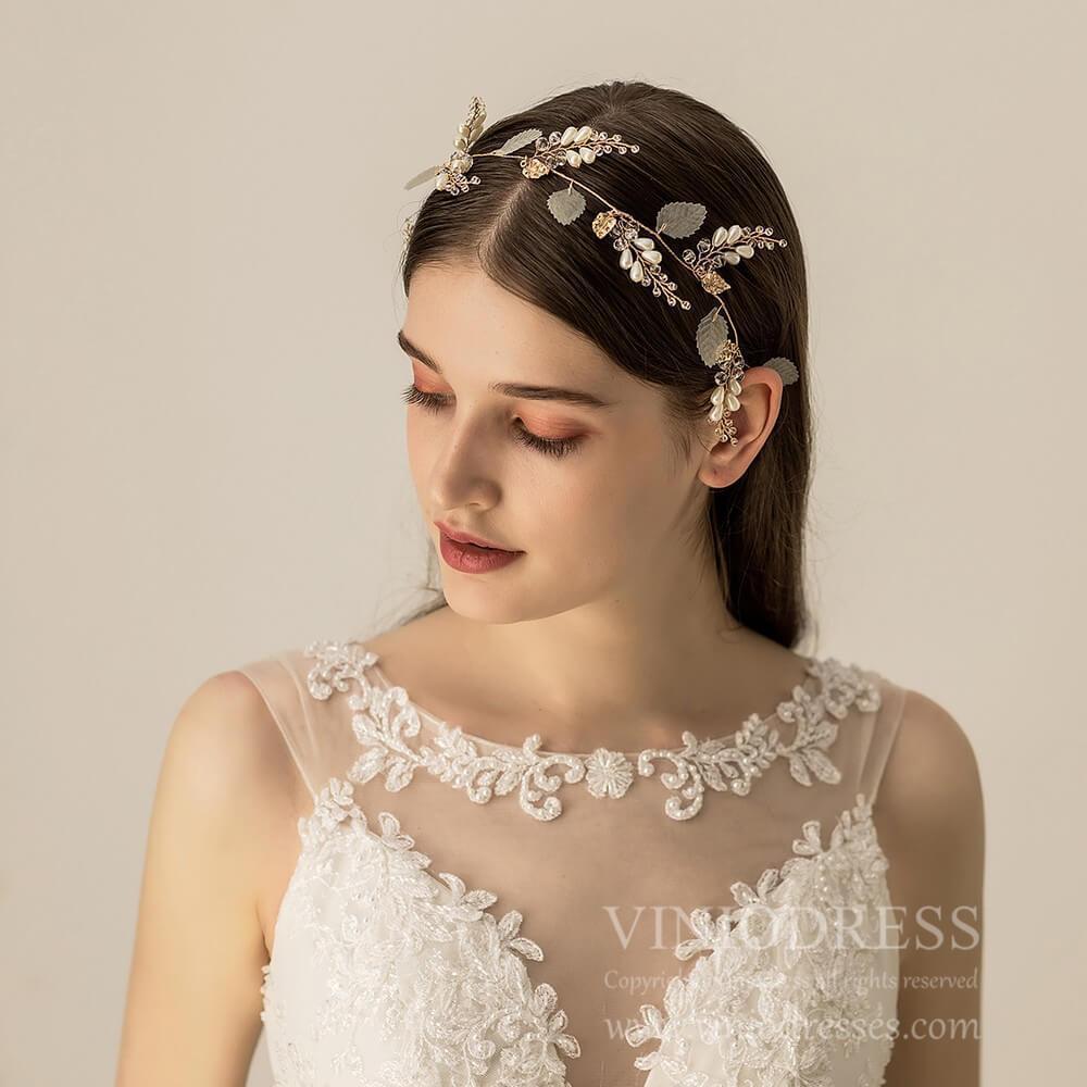 Light Gold Crystal and Pearl Headband with Leaf AC1199-Headpieces-Viniodress-Headband-Viniodress