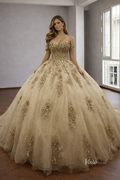 Light Gold Glitter Quinceañera Dress with Sequin Lace, Off-Shoulder Sweetheart & Cathedral Train – QC019-Quinceanera Dresses 2026-Viniodress-Light Gold-Custom Size – Add Measurements in Cart-