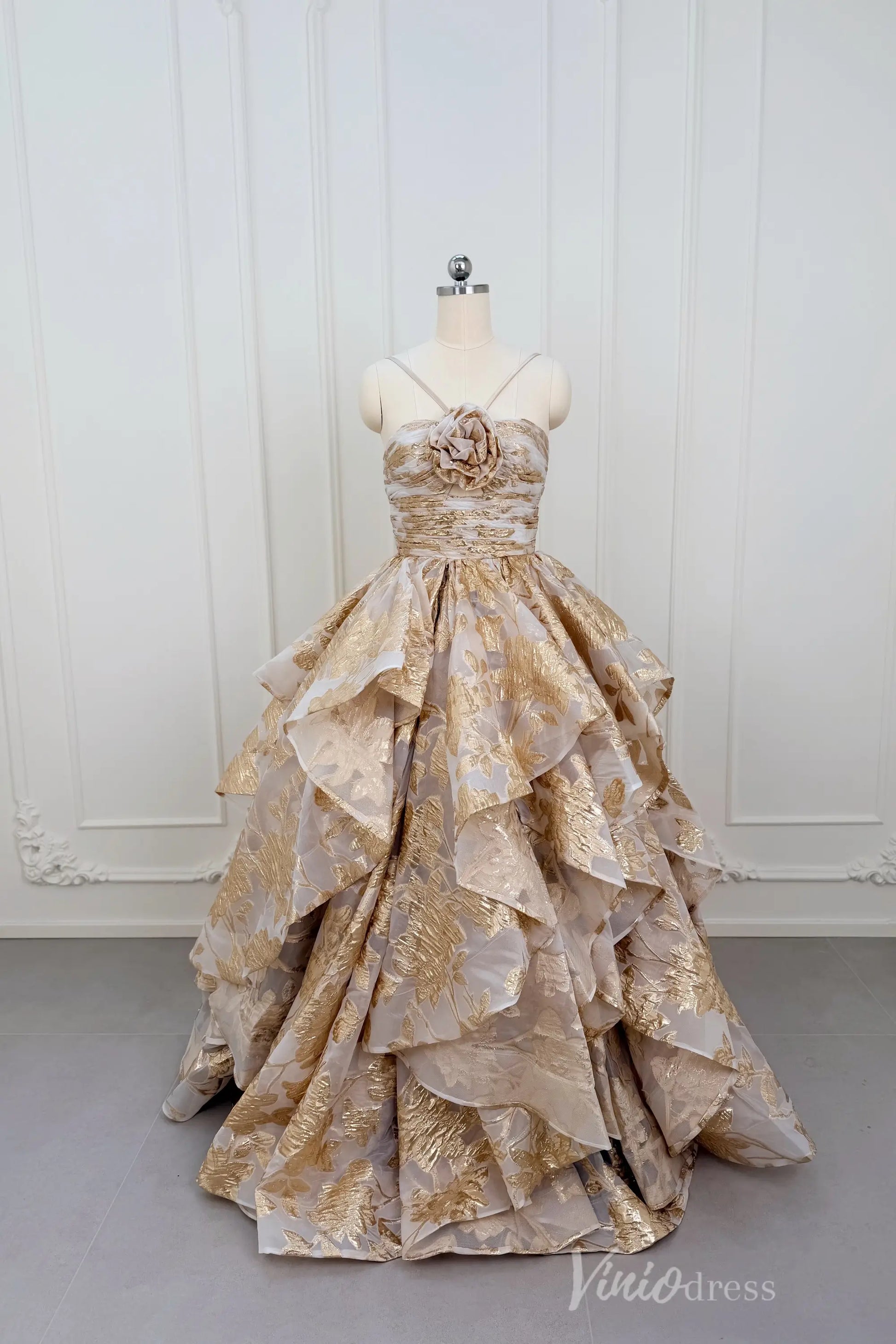 Light Gold Jacquard Ball Gown Prom Dress with Rosette Bodice & Dramatic Tiered Skirt – LY002-Prom Dresses 2026-Viniodress-Light Gold-Custom Size – Add Measurements in Cart-