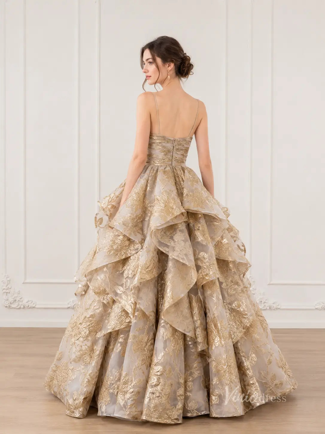 Light Gold Jacquard Ball Gown Prom Dress with Rosette Bodice & Dramatic Tiered Skirt – LY002-Prom Dresses 2026-Viniodress-Light Gold-Custom Size – Add Measurements in Cart-