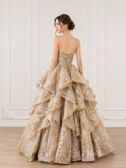 Light Gold Jacquard Ball Gown Prom Dress with Rosette Bodice & Dramatic Tiered Skirt – LY002-Prom Dresses 2026-Viniodress-Light Gold-Custom Size – Add Measurements in Cart-