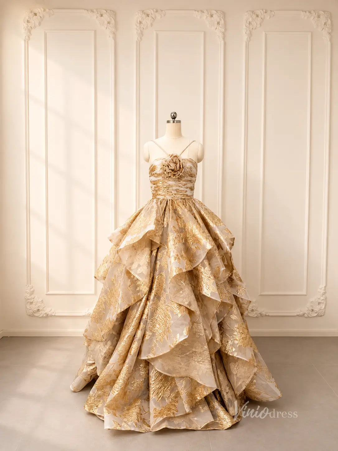 Light Gold Jacquard Ball Gown Prom Dress with Rosette Bodice & Dramatic Tiered Skirt – LY002-Prom Dresses 2026-Viniodress-Light Gold-Custom Size – Add Measurements in Cart-
