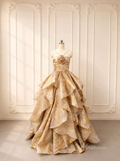 Light Gold Jacquard Ball Gown Prom Dress with Rosette Bodice & Dramatic Tiered Skirt – LY002-Prom Dresses 2026-Viniodress-Light Gold-Custom Size – Add Measurements in Cart-