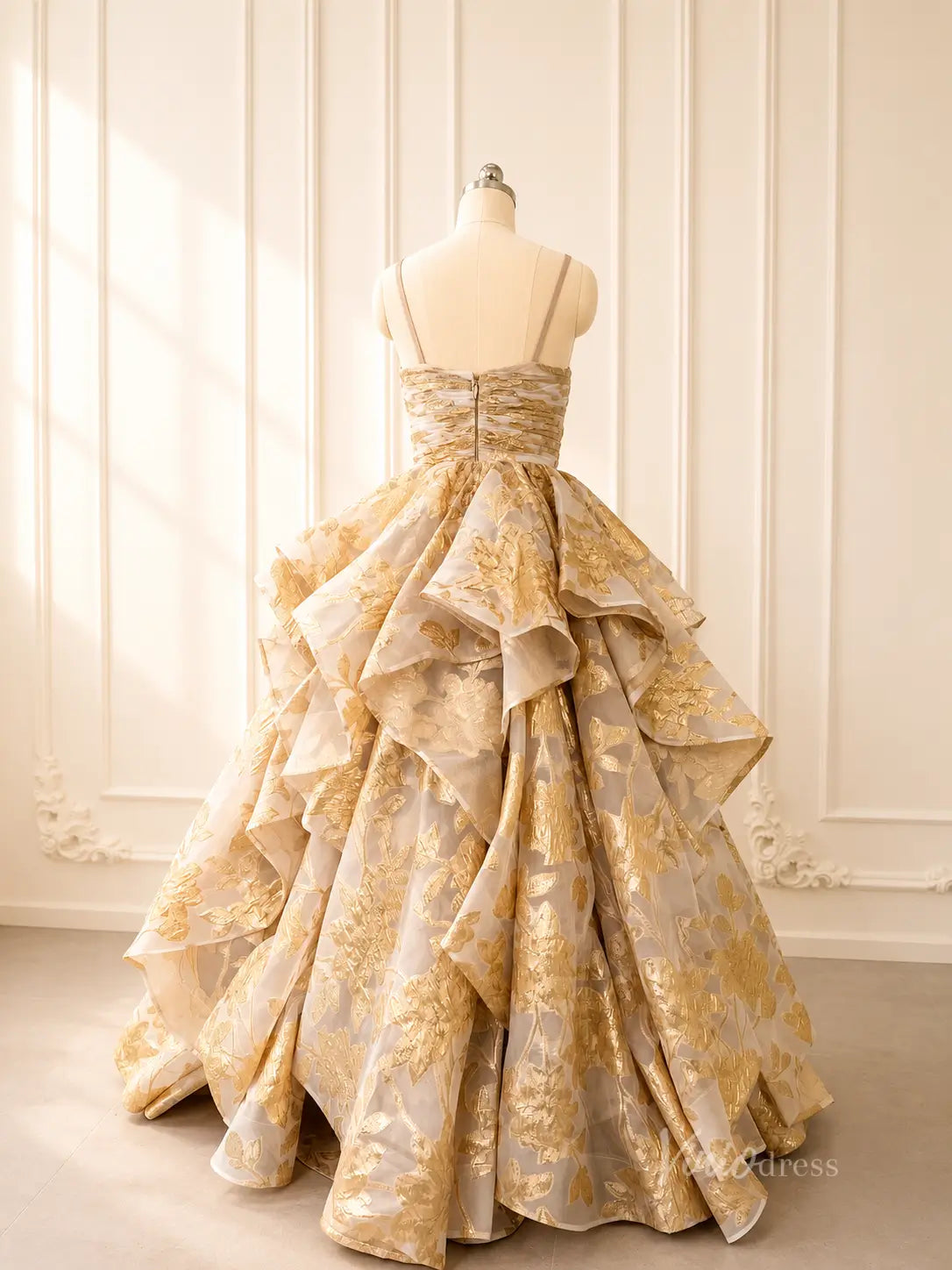 Light Gold Jacquard Ball Gown Prom Dress with Rosette Bodice & Dramatic Tiered Skirt – LY002-Prom Dresses 2026-Viniodress-Light Gold-Custom Size – Add Measurements in Cart-