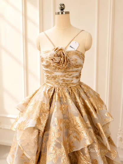 Light Gold Jacquard Ball Gown Prom Dress with Rosette Bodice & Dramatic Tiered Skirt – LY002-Prom Dresses 2026-Viniodress-Light Gold-Custom Size – Add Measurements in Cart-