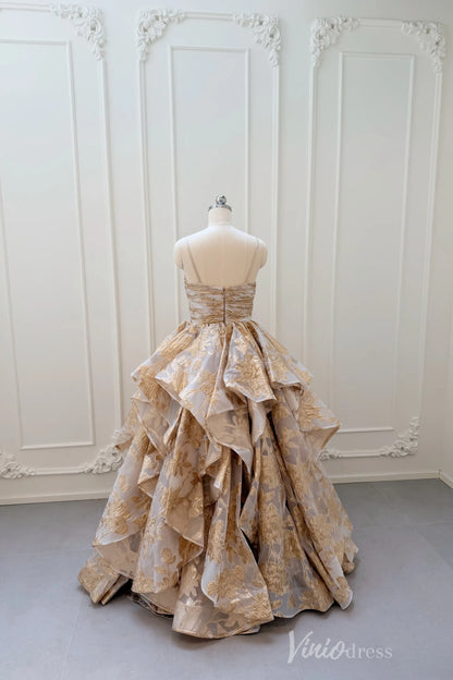 Light Gold Jacquard Ball Gown Prom Dress with Rosette Bodice & Dramatic Tiered Skirt – LY002-Prom Dresses 2026-Viniodress-Light Gold-Custom Size – Add Measurements in Cart-