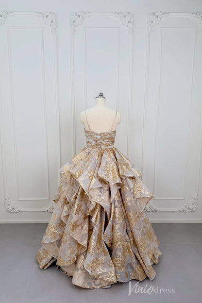 Light Gold Jacquard Ball Gown Prom Dress with Rosette Bodice & Dramatic Tiered Skirt – LY002-Prom Dresses 2026-Viniodress-Light Gold-Custom Size – Add Measurements in Cart-