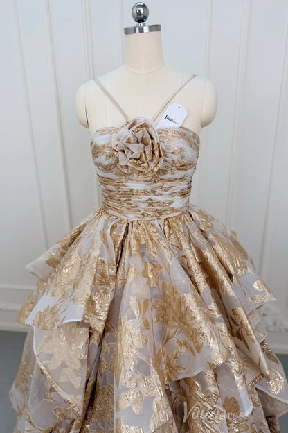 Light Gold Jacquard Ball Gown Prom Dress with Rosette Bodice & Dramatic Tiered Skirt – LY002-Prom Dresses 2026-Viniodress-Light Gold-Custom Size – Add Measurements in Cart-
