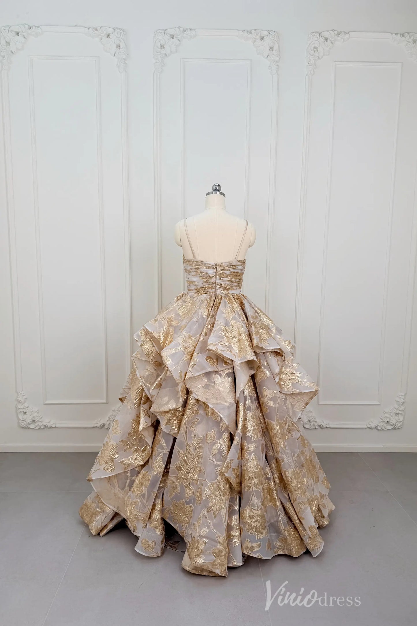 Light Gold Jacquard Ball Gown Prom Dress with Rosette Bodice & Dramatic Tiered Skirt – LY002-Prom Dresses 2026-Viniodress-Light Gold-Custom Size – Add Measurements in Cart-