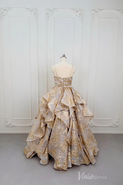Light Gold Jacquard Ball Gown Prom Dress with Rosette Bodice & Dramatic Tiered Skirt – LY002-Prom Dresses 2026-Viniodress-Light Gold-Custom Size – Add Measurements in Cart-